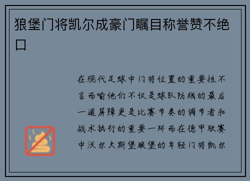 狼堡门将凯尔成豪门瞩目称誉赞不绝口